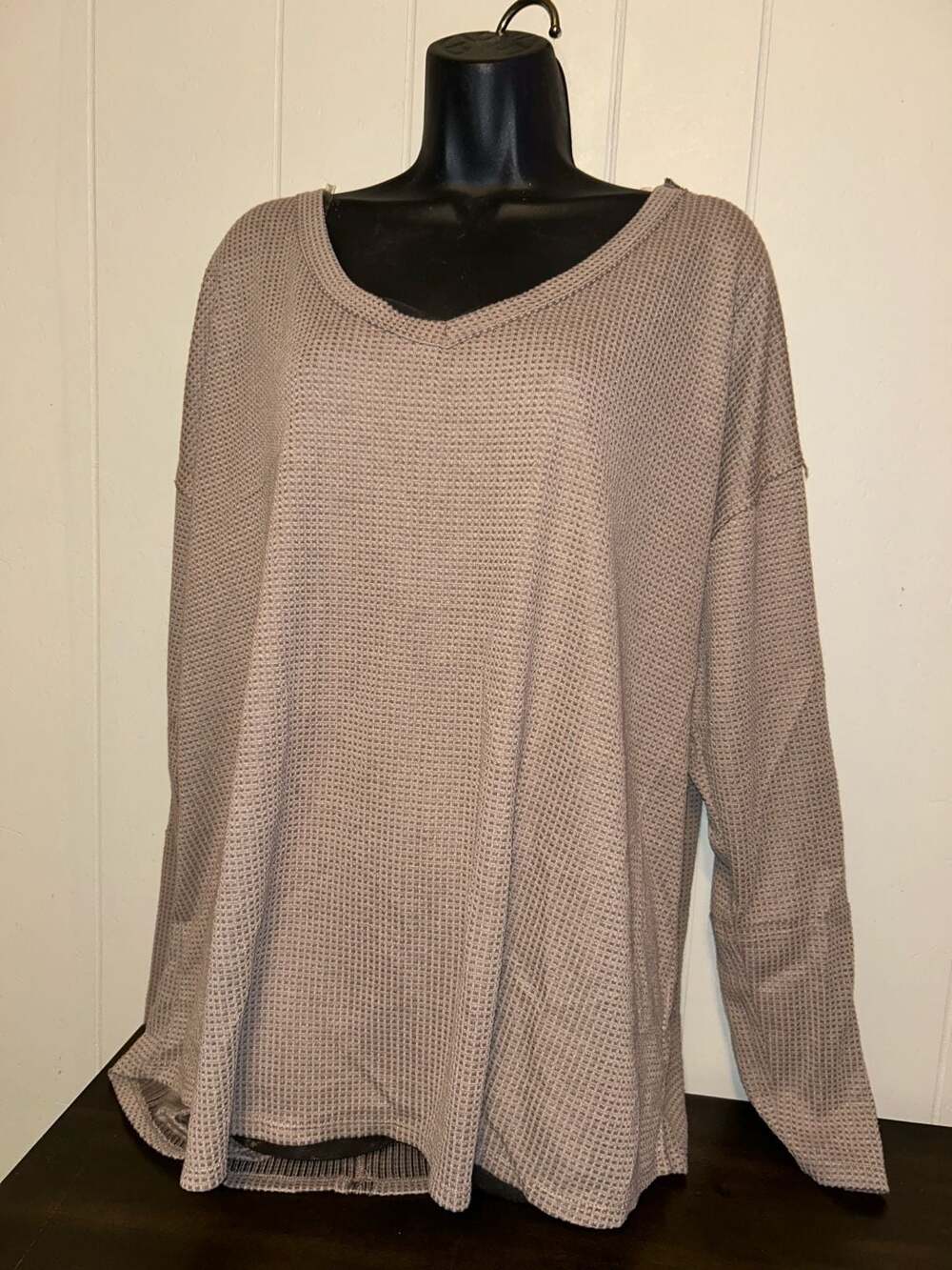 Waffle Knit V-Neck Long Sleeve Top Taupe Brown Loose Fit